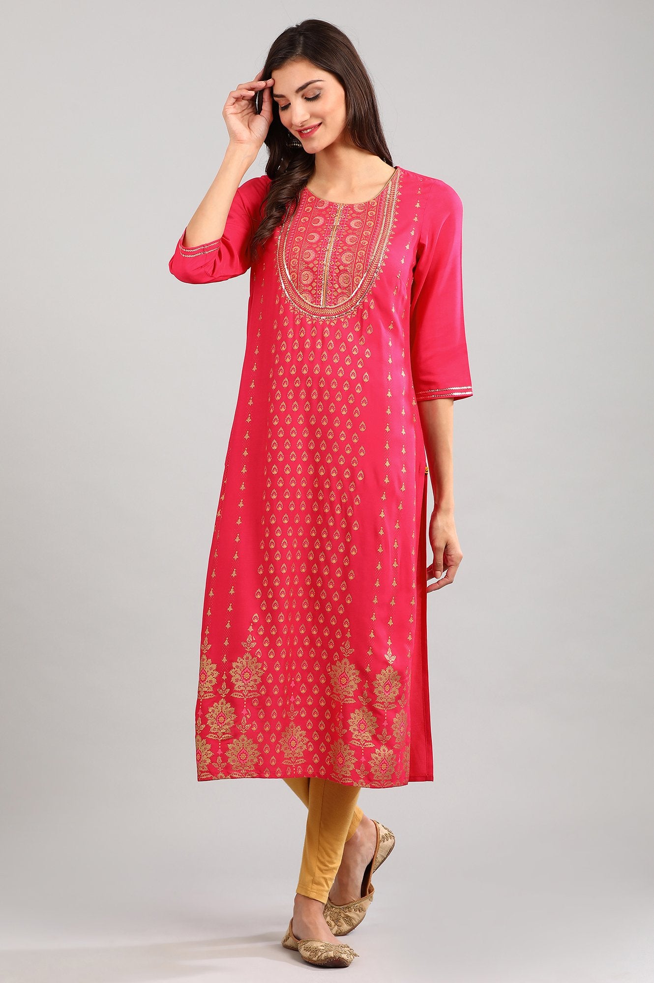 Pink Round Neck Printed kurta