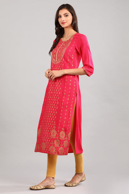 Pink Round Neck Printed kurta