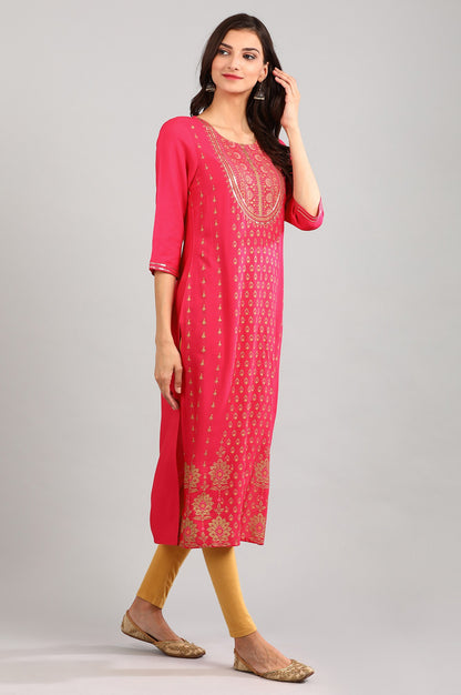 Pink Round Neck Printed kurta