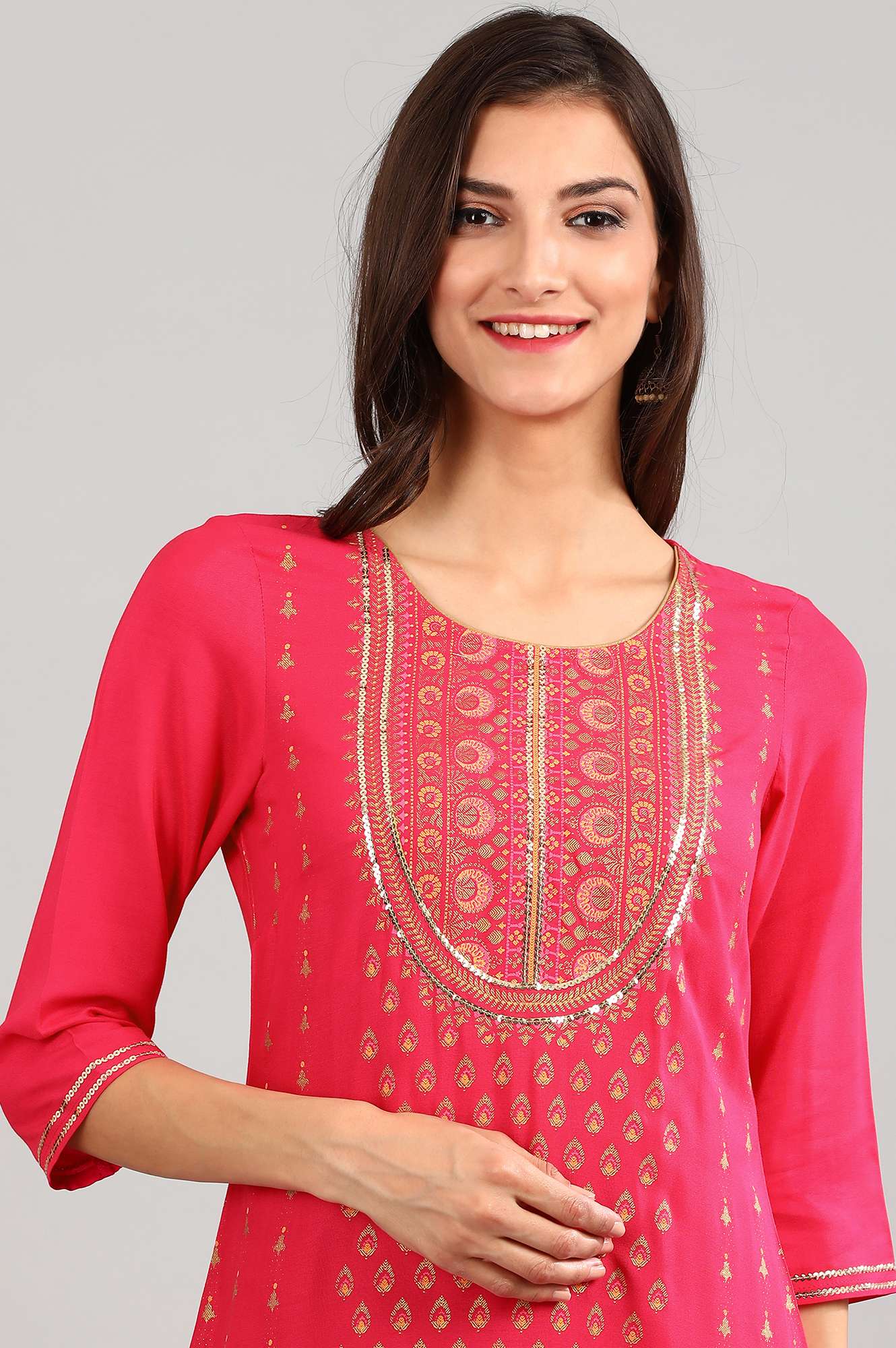 Pink Round Neck Printed kurta