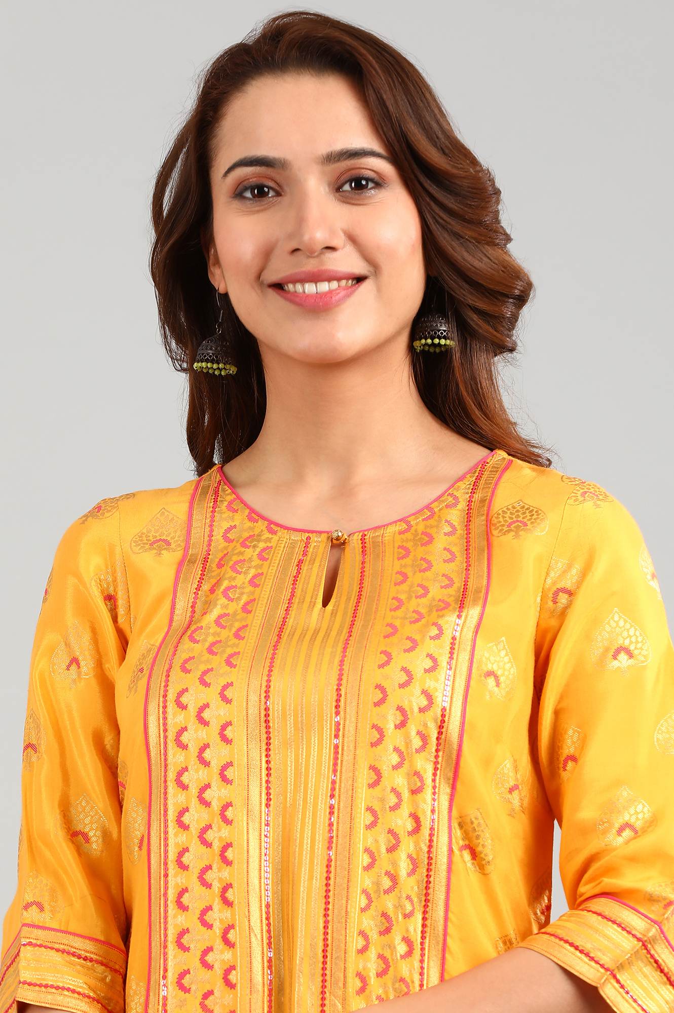 Yellow Round Neck Printed kurta