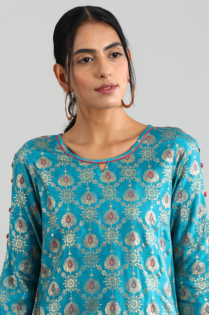 Blue Round Neck Printed kurta