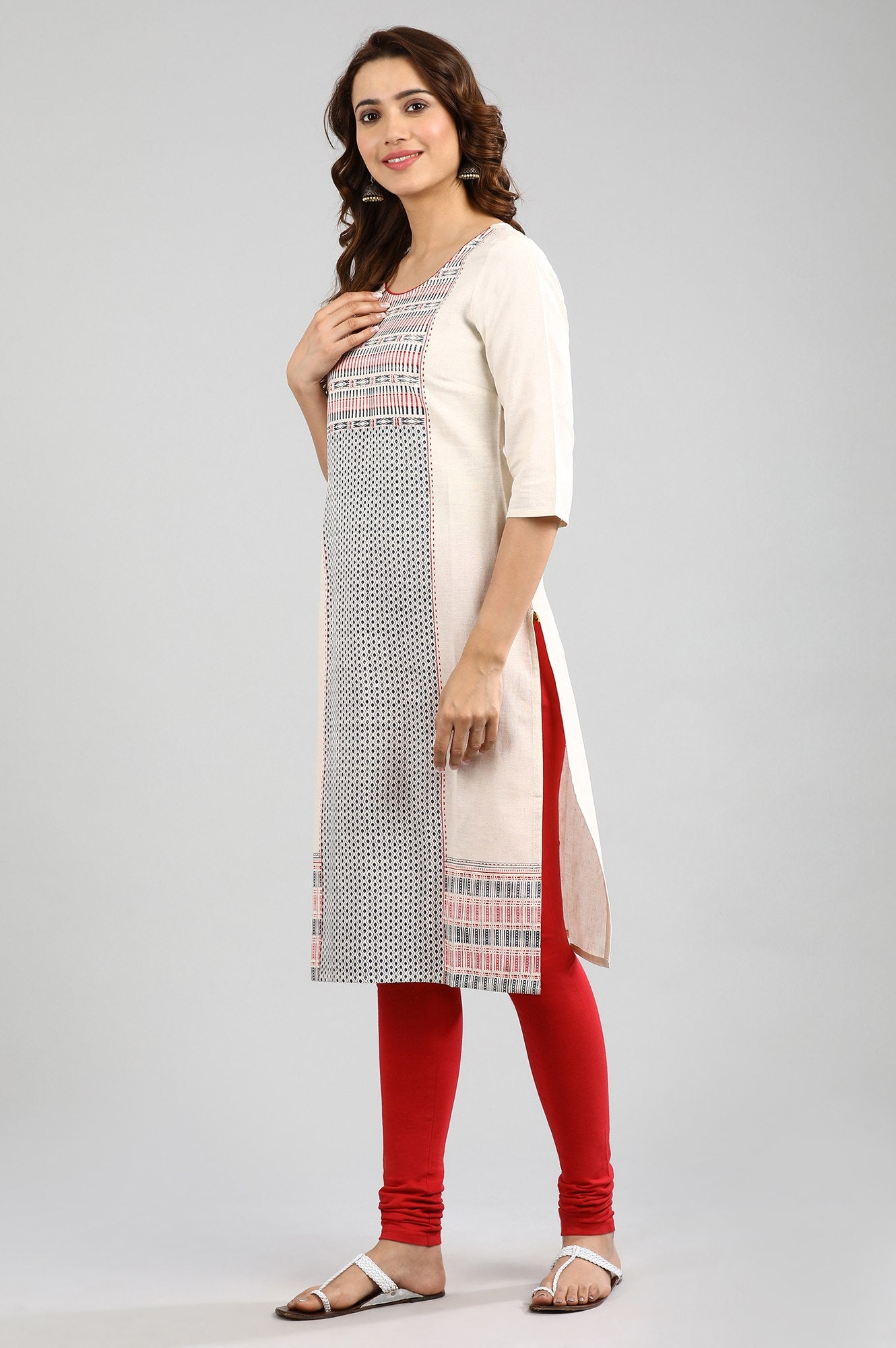 Ecru Round Neck Printed kurta