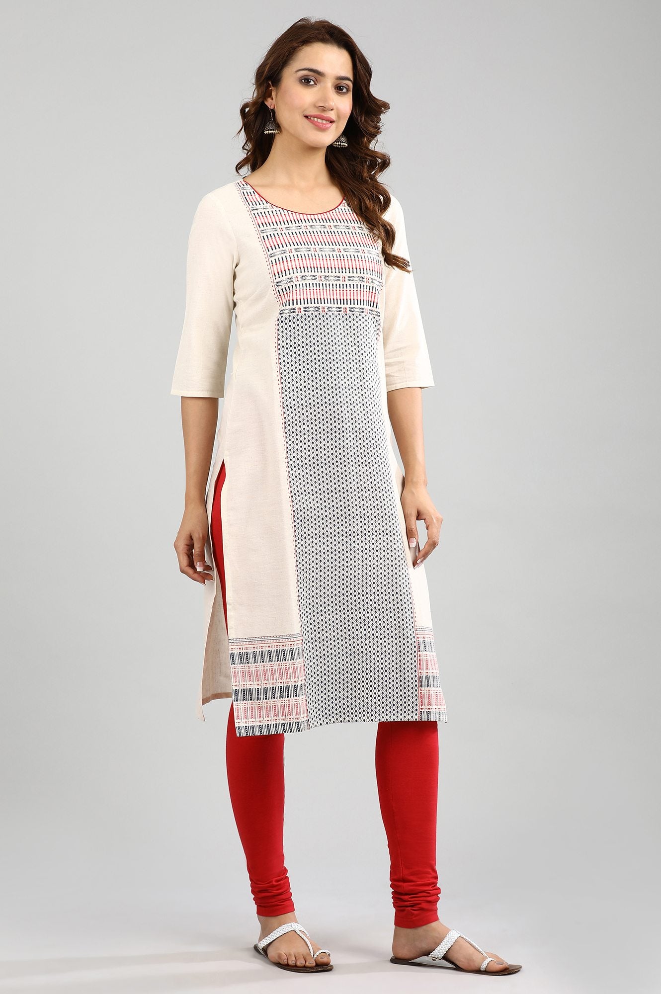 Ecru Round Neck Printed kurta