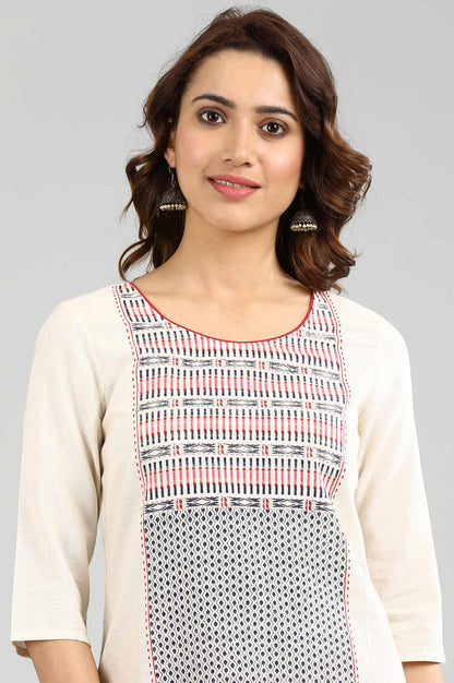 Ecru Round Neck Printed kurta