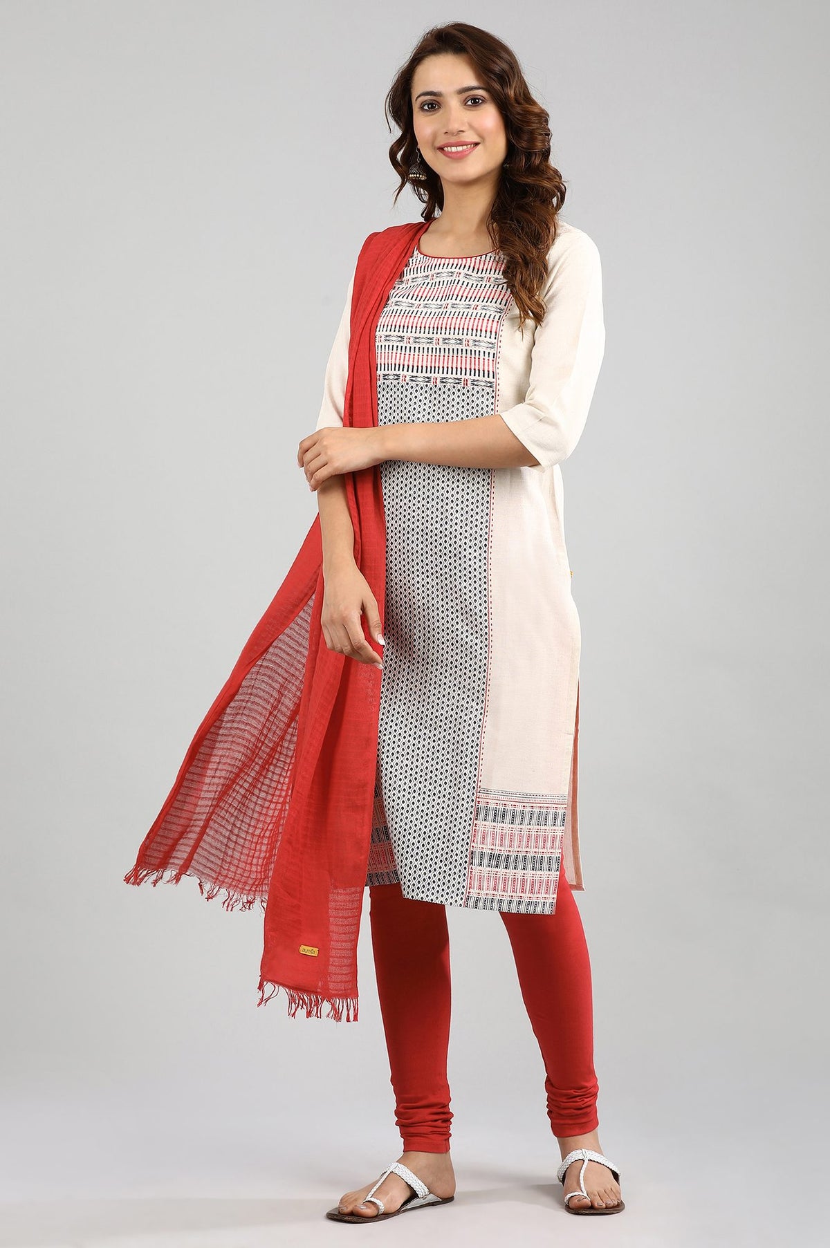 Ecru Round Neck Printed kurta - XS