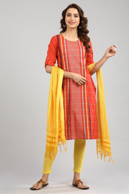 Orange Round Neck Yarn-dyed kurta