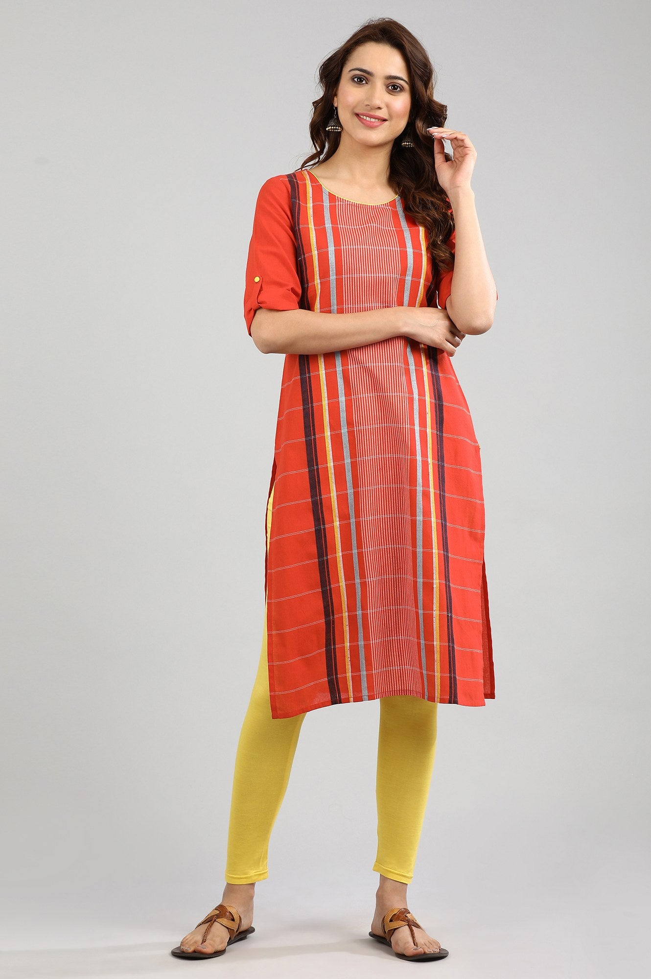 Orange Round Neck Yarn-dyed kurta