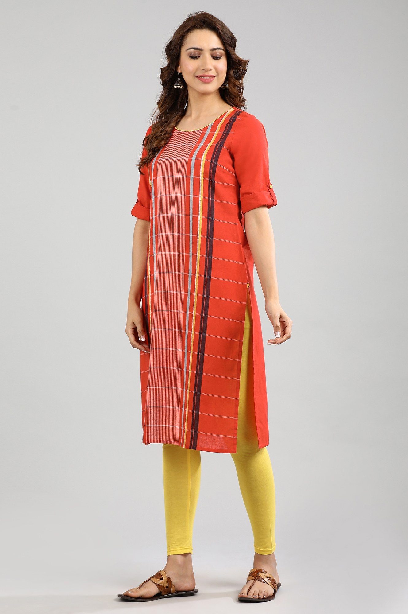 Orange Round Neck Yarn-dyed kurta