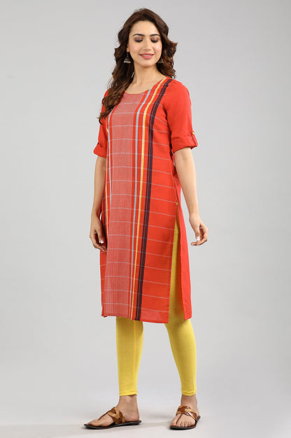 Orange Round Neck Yarn-dyed kurta