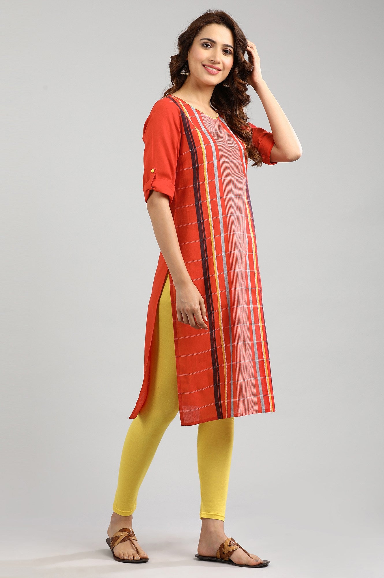 Orange Round Neck Yarn-dyed kurta