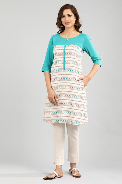Ecru Round Neck Printed kurta