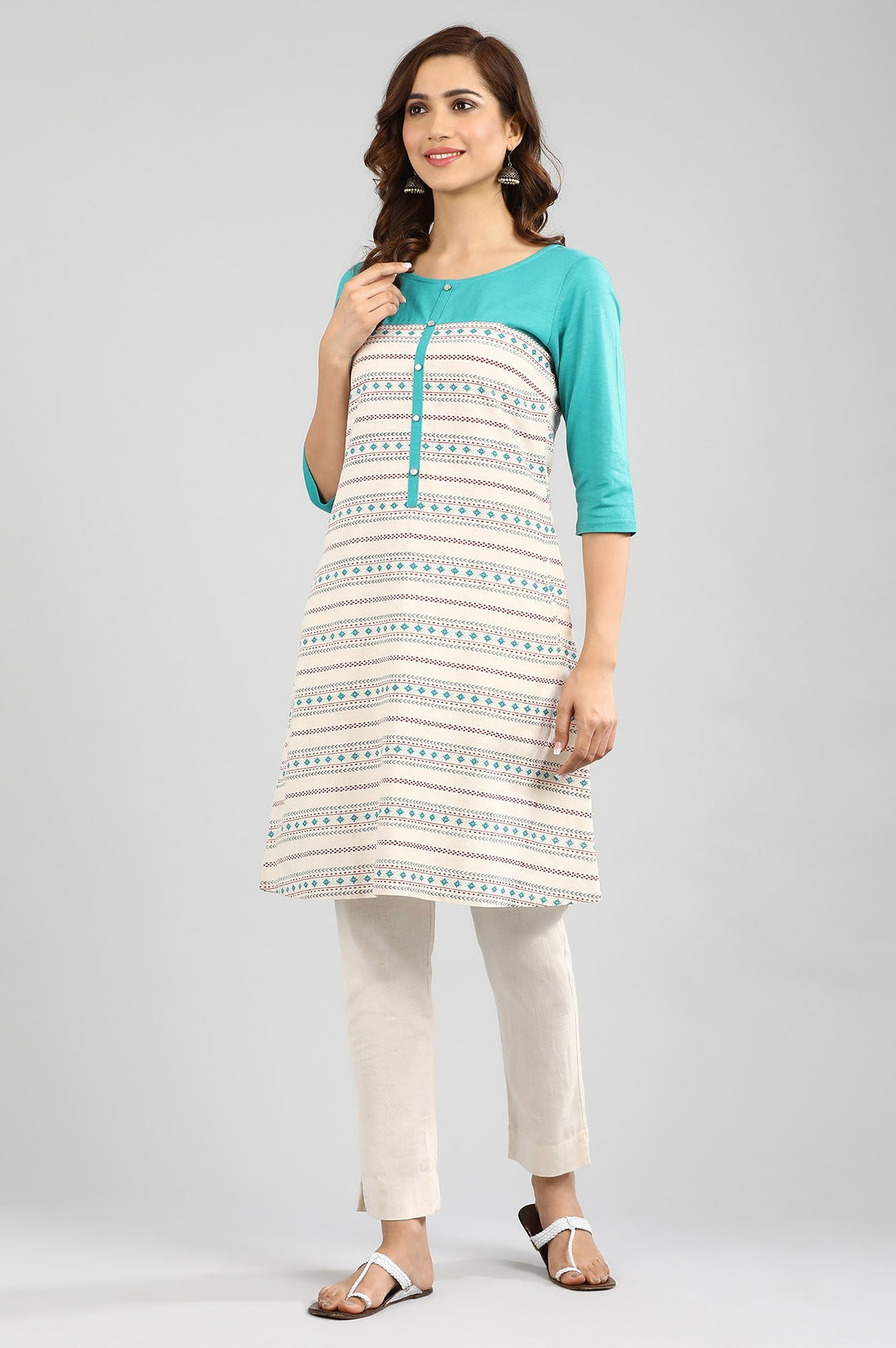 Ecru Round Neck Printed kurta
