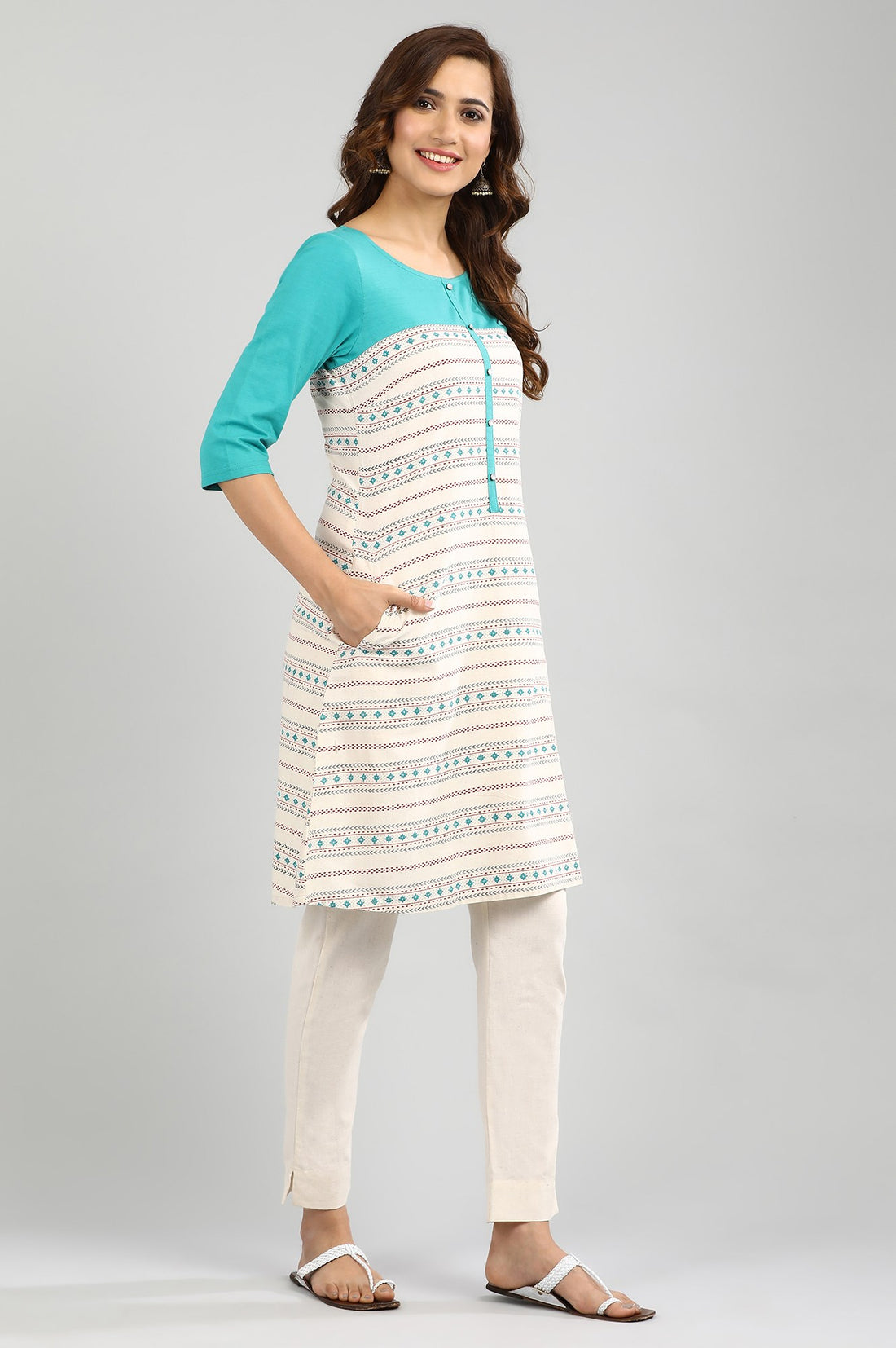 Ecru Round Neck Printed kurta