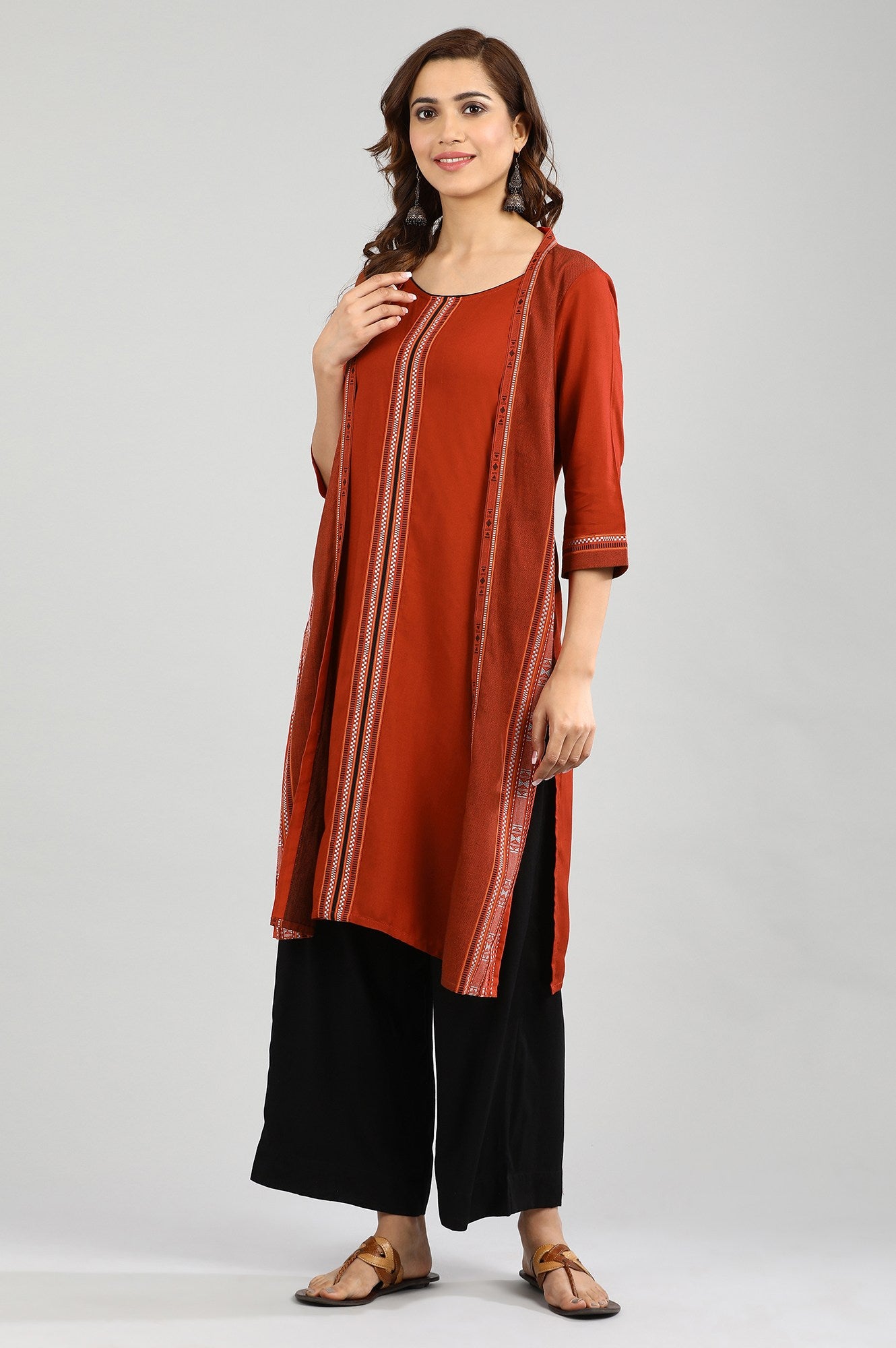 Orange Round Neck Yarn-dyed kurta