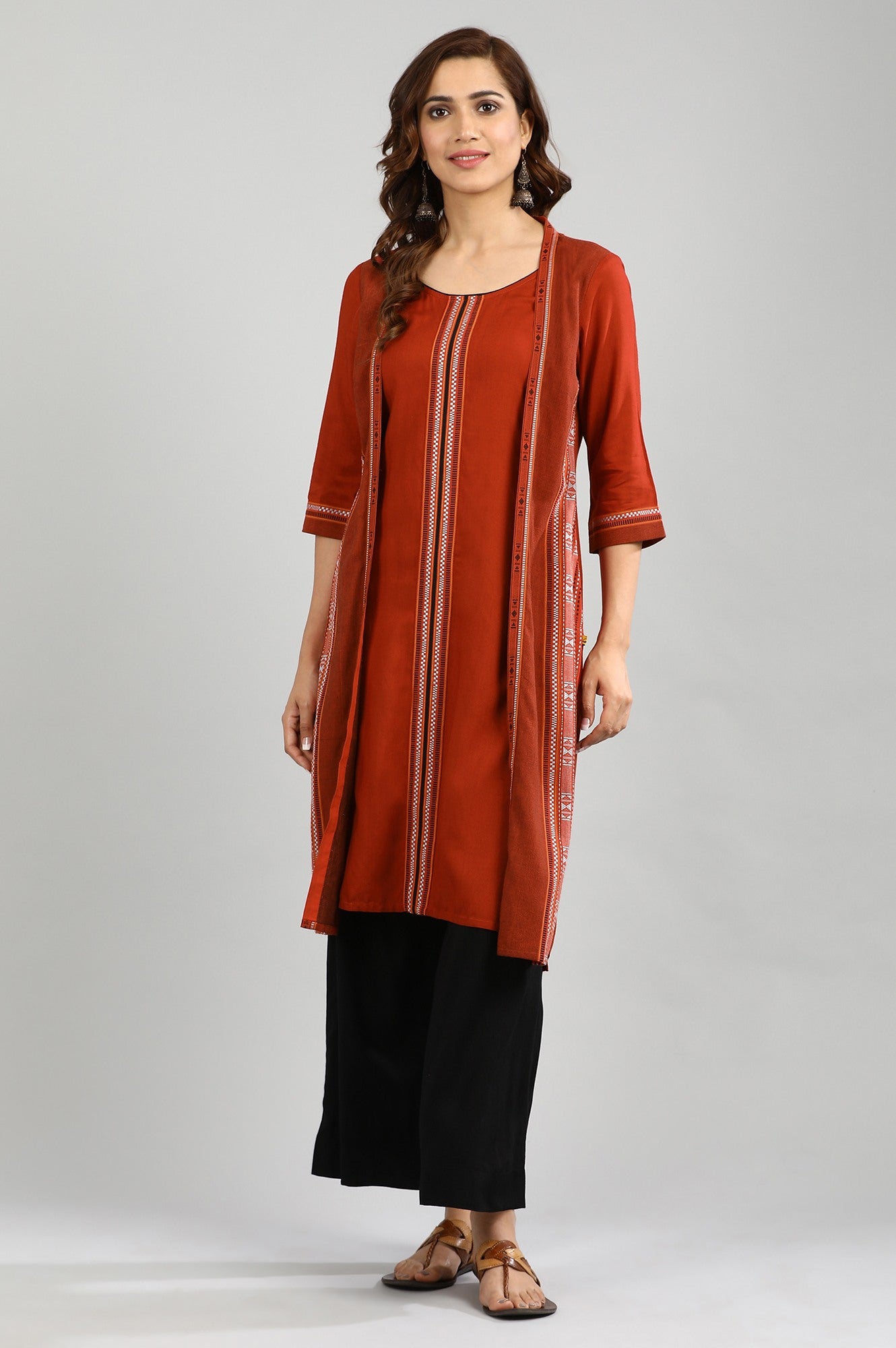 Orange Round Neck Yarn-dyed kurta