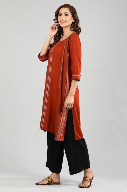 Orange Round Neck Yarn-dyed kurta