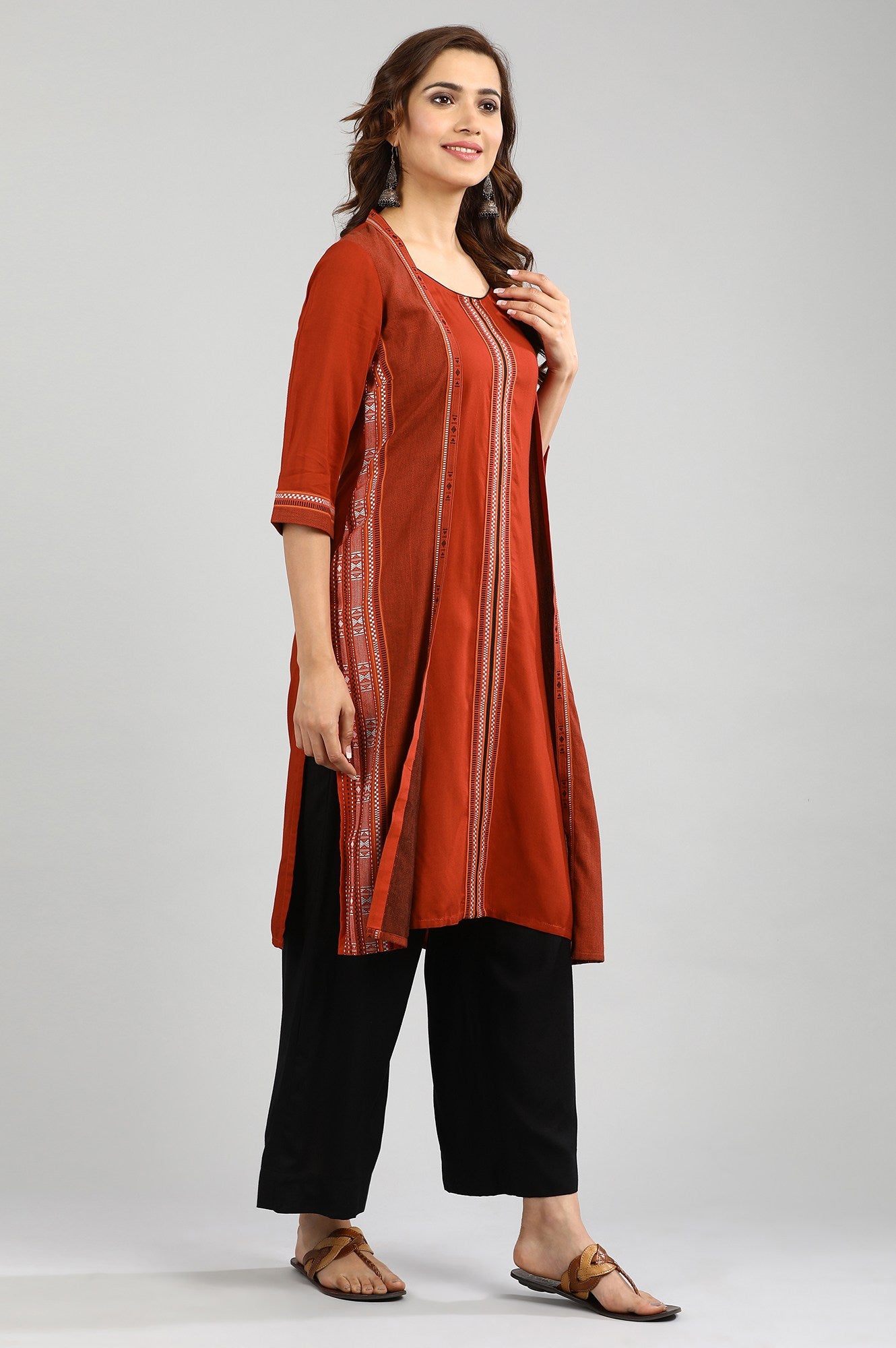 Orange Round Neck Yarn-dyed kurta