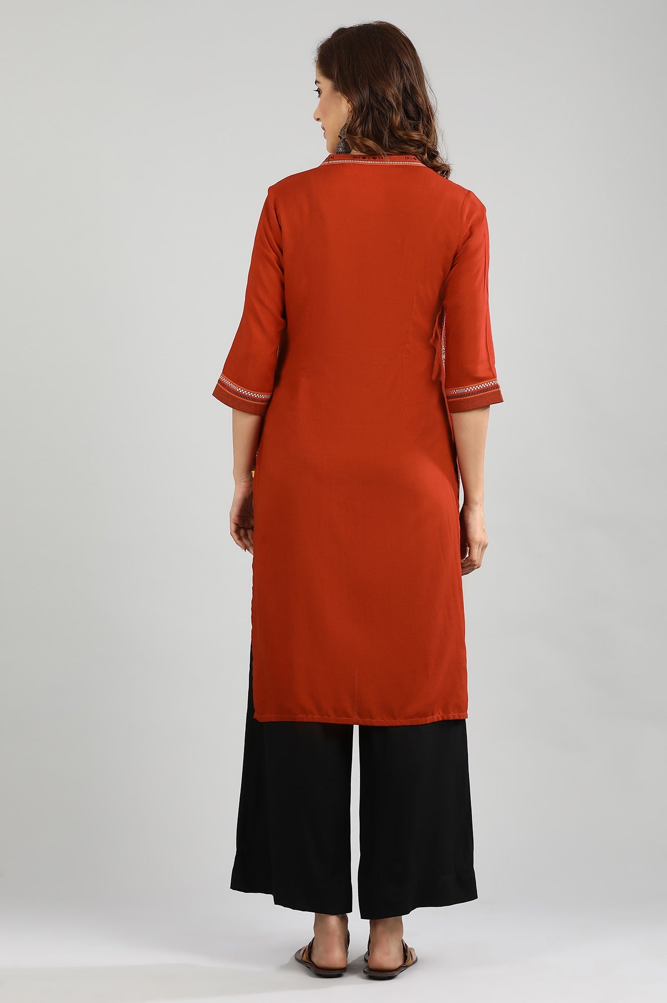 Orange Round Neck Yarn-dyed kurta