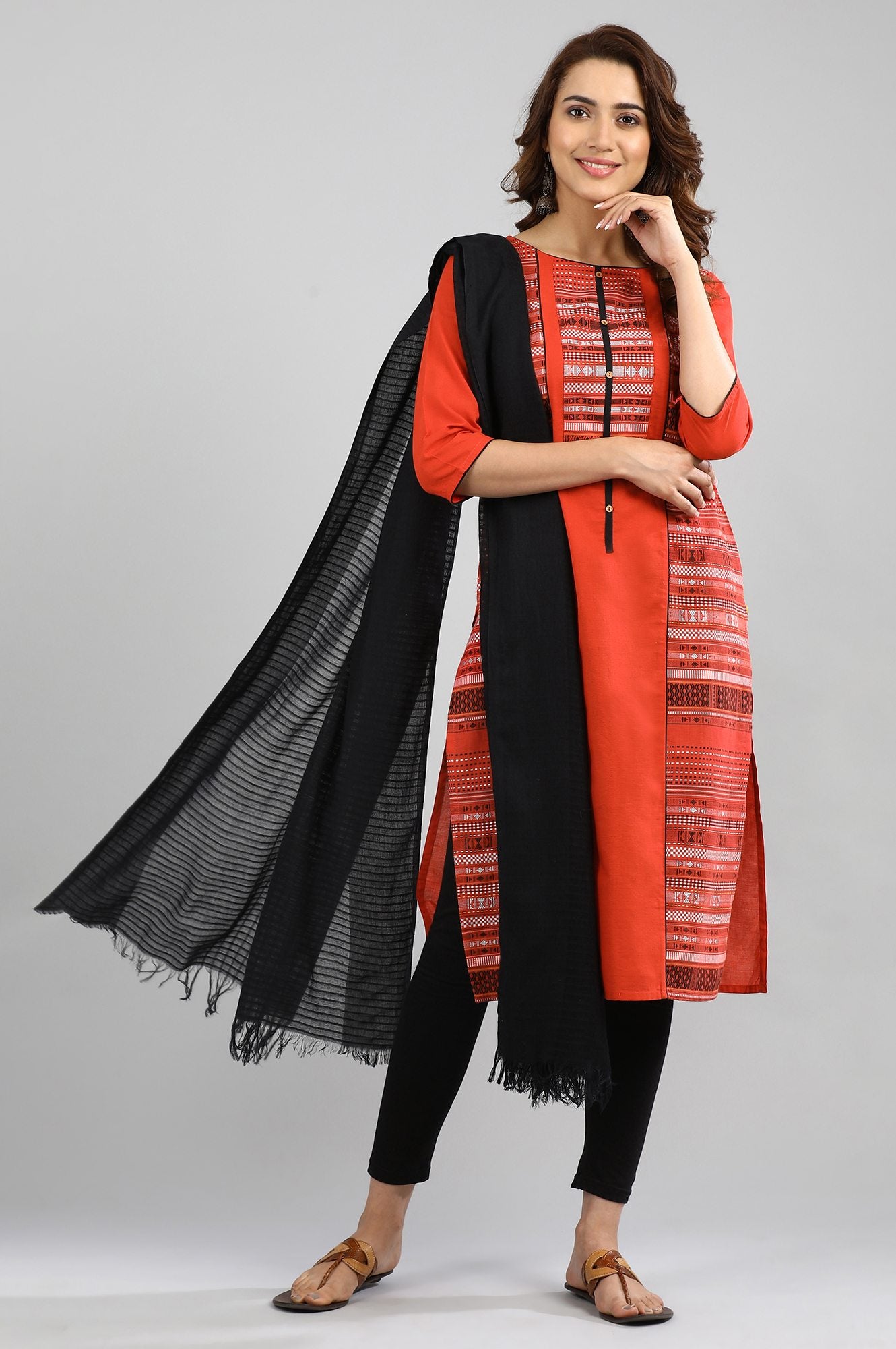 Orange Boat Neck Yarn-dyed kurta