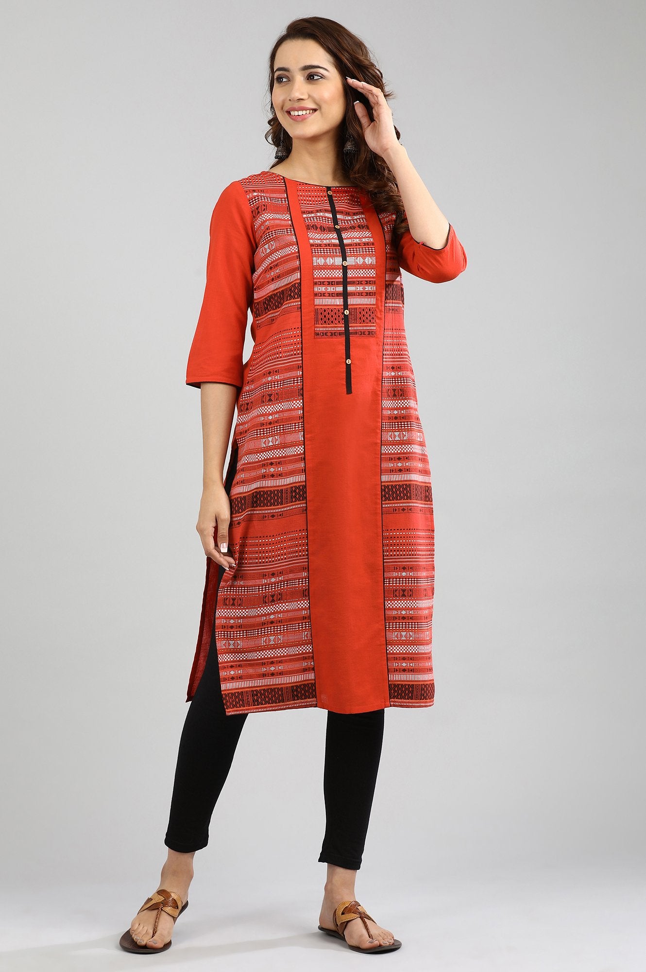 Orange Boat Neck Yarn-dyed kurta