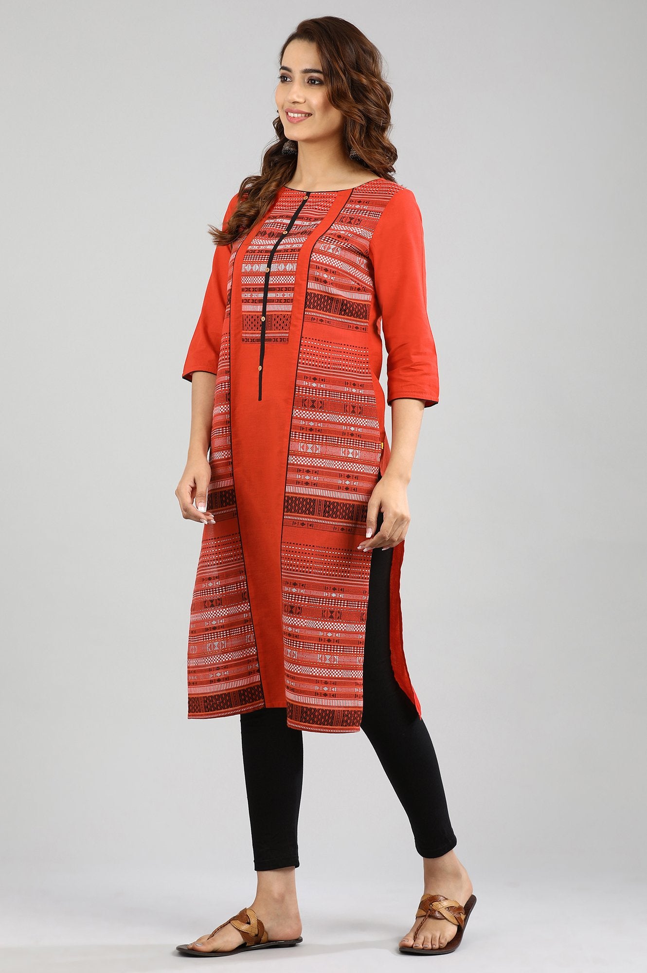 Orange Boat Neck Yarn-dyed kurta