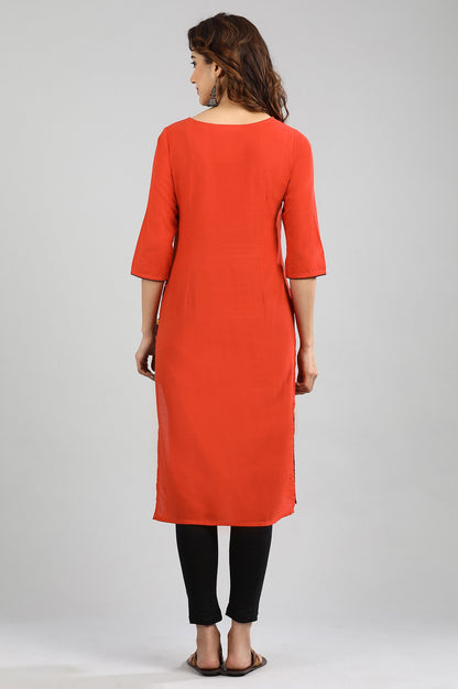 Orange Boat Neck Yarn-dyed kurta