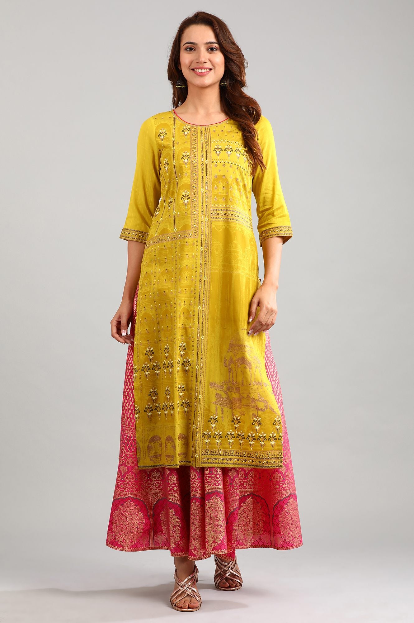 Yellow Round Neck Printed kurta