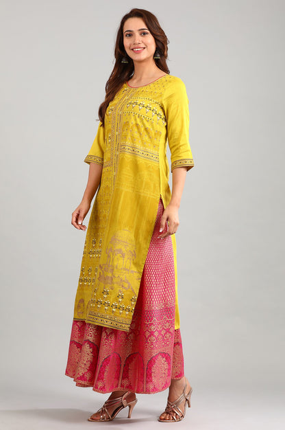 Yellow Round Neck Printed kurta