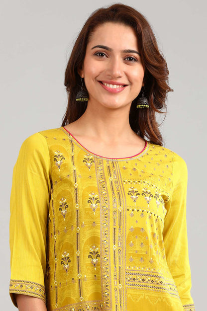 Yellow Round Neck Printed kurta