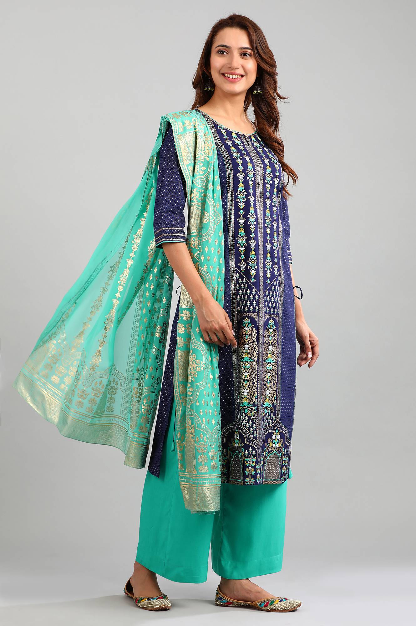 Blue Round Neck Printed kurta