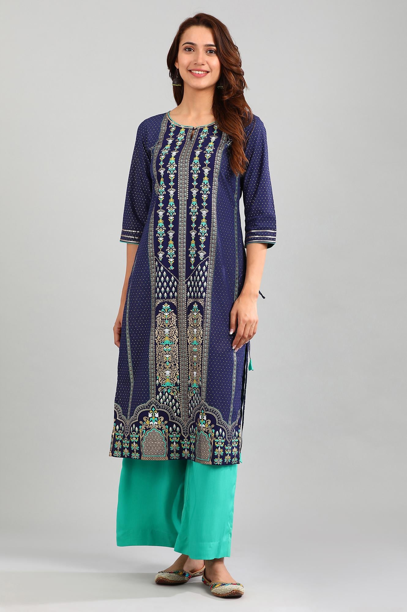 Blue Round Neck Printed kurta