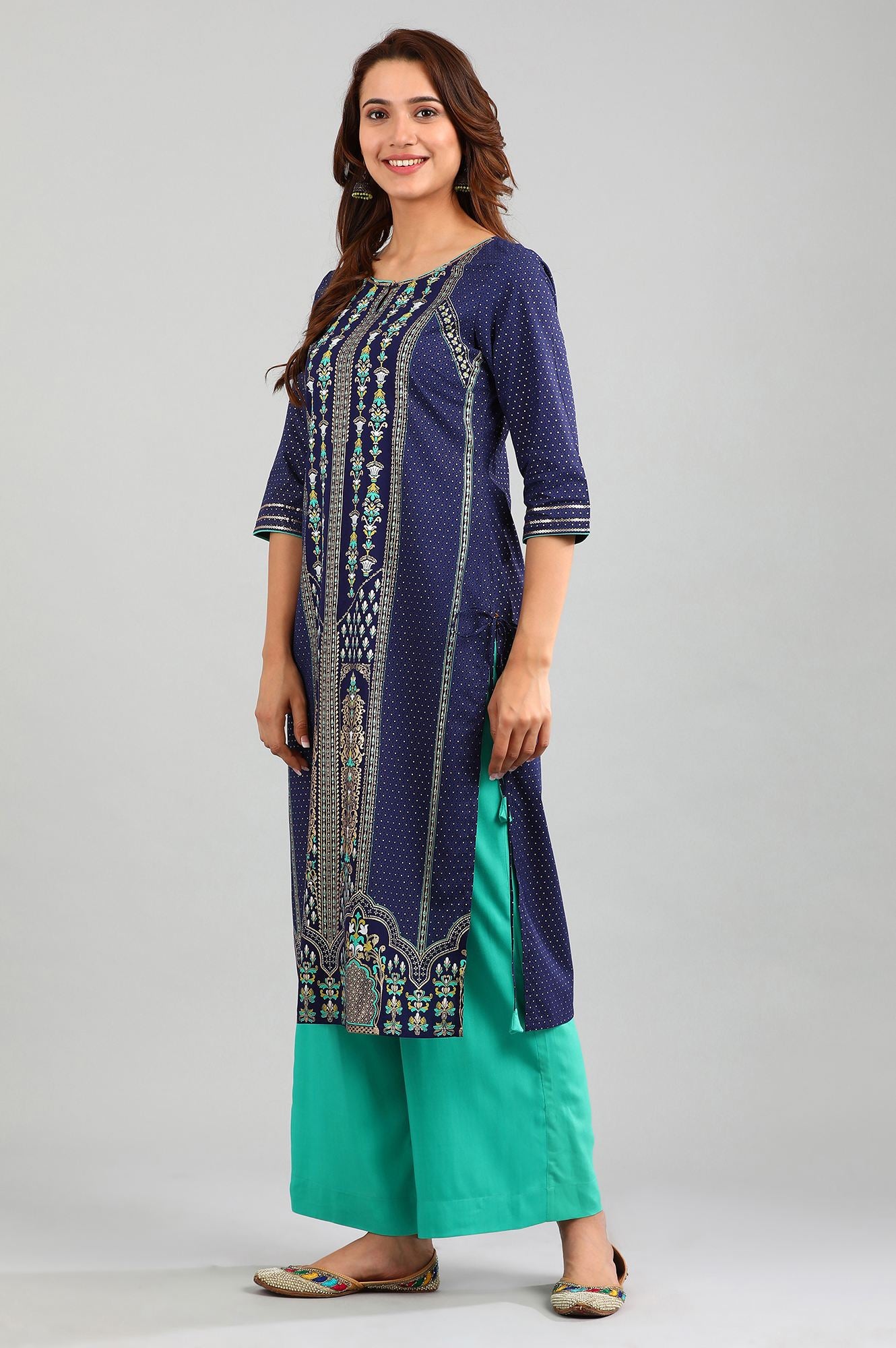 Blue Round Neck Printed kurta