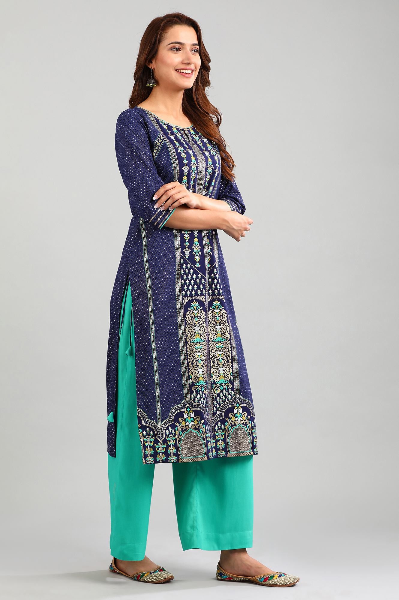 Blue Round Neck Printed kurta