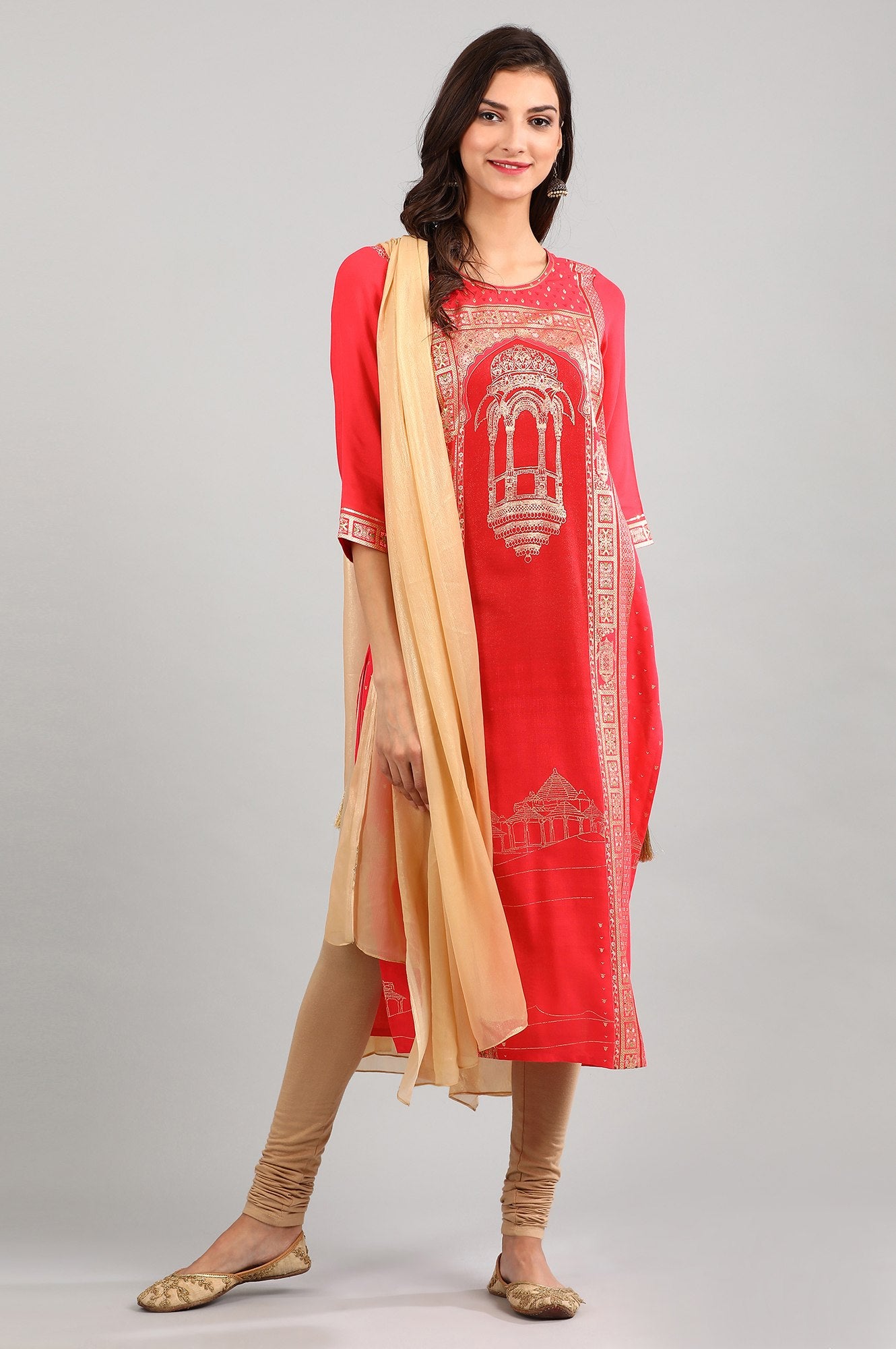 Red Round Neck Printed kurta