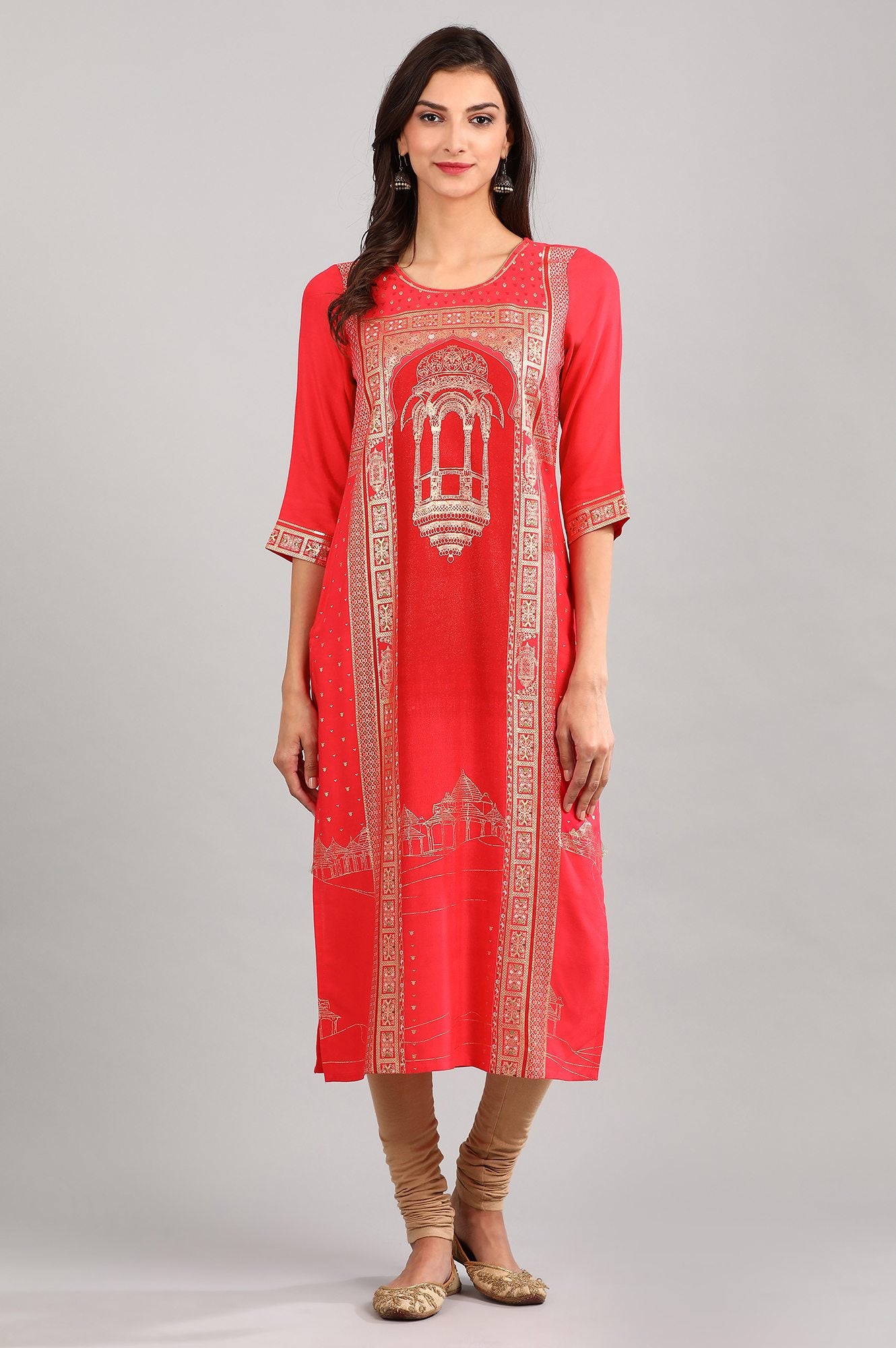 Red Round Neck Printed kurta