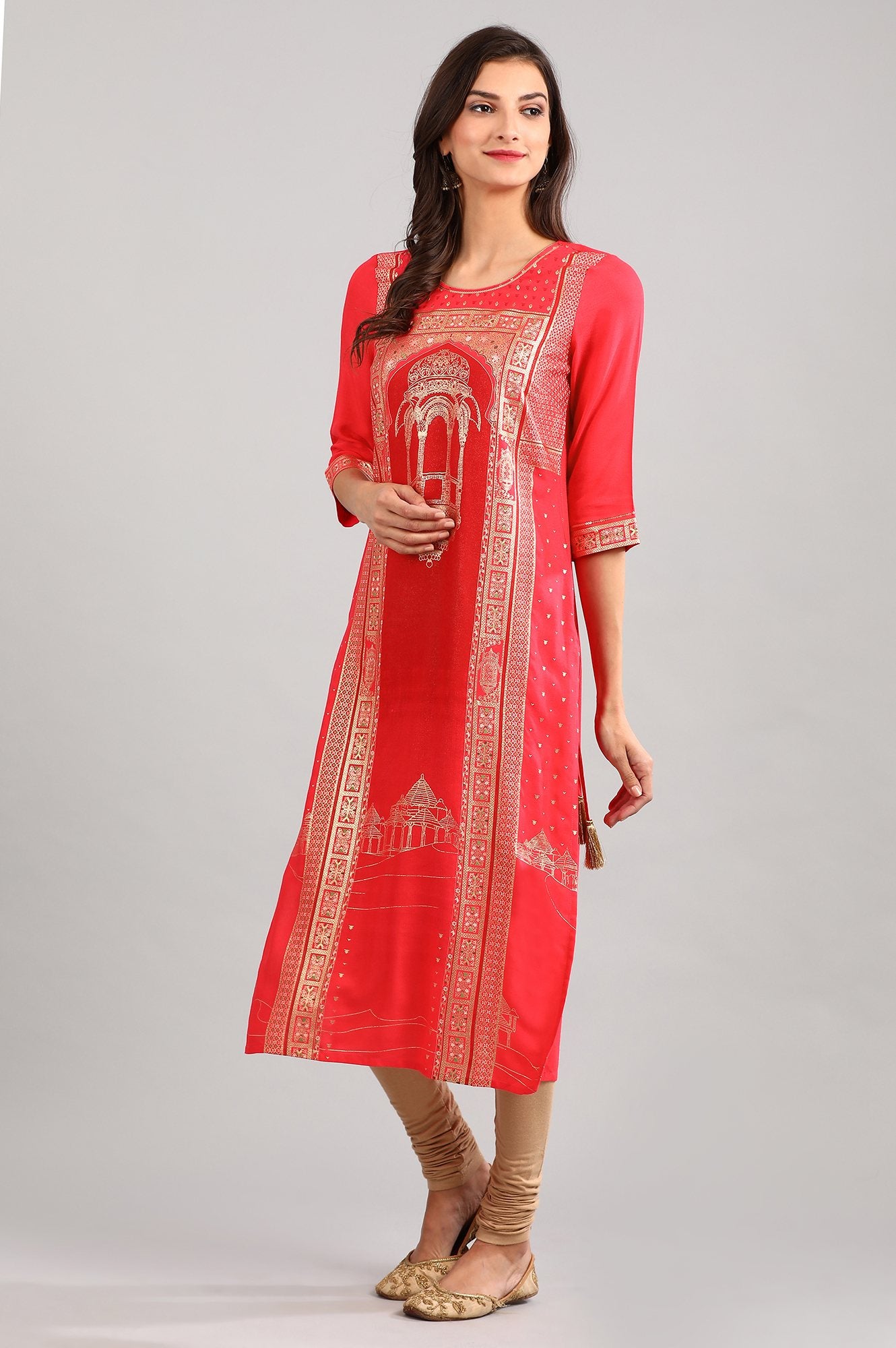 Red Round Neck Printed kurta