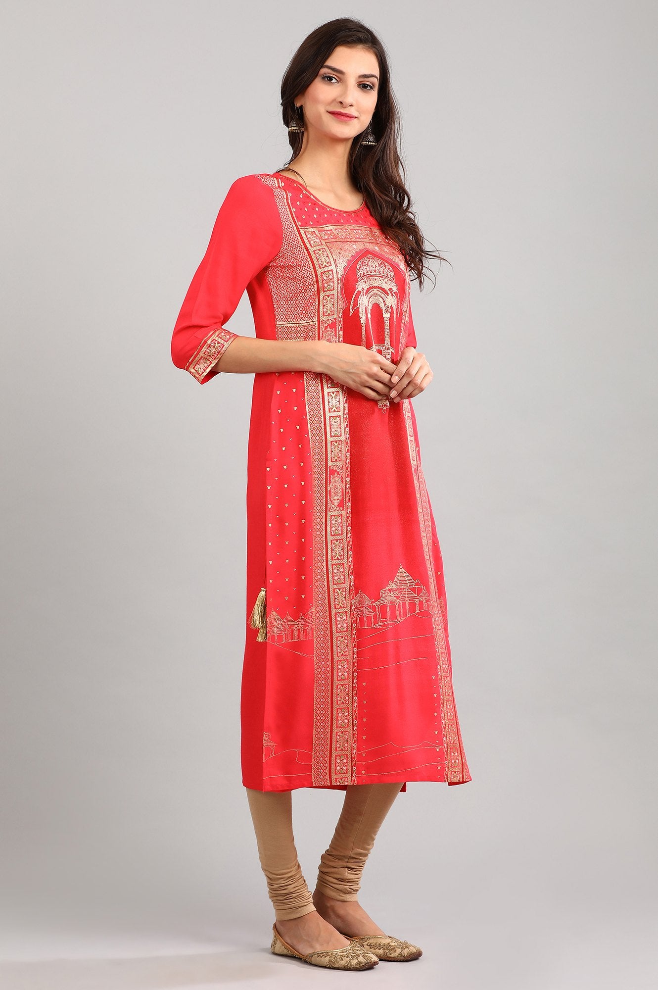 Red Round Neck Printed kurta