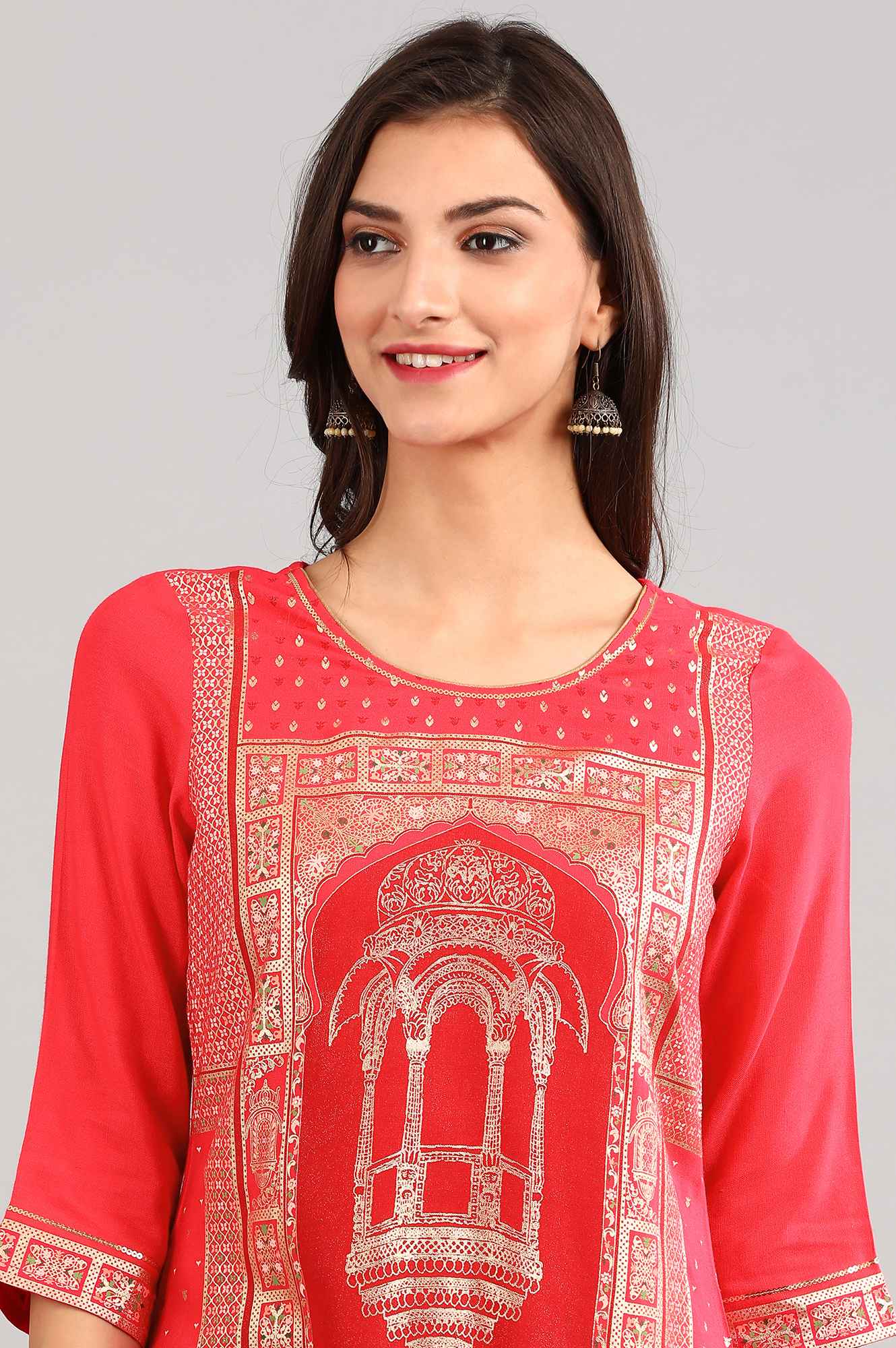 Red Round Neck Printed kurta