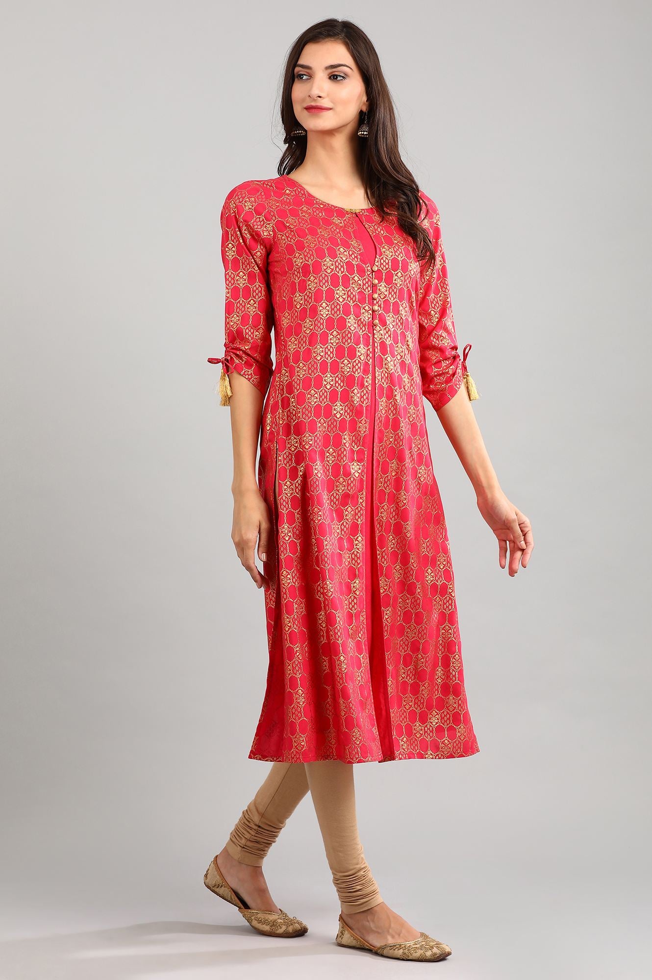 Pink Round Neck Printed kurta