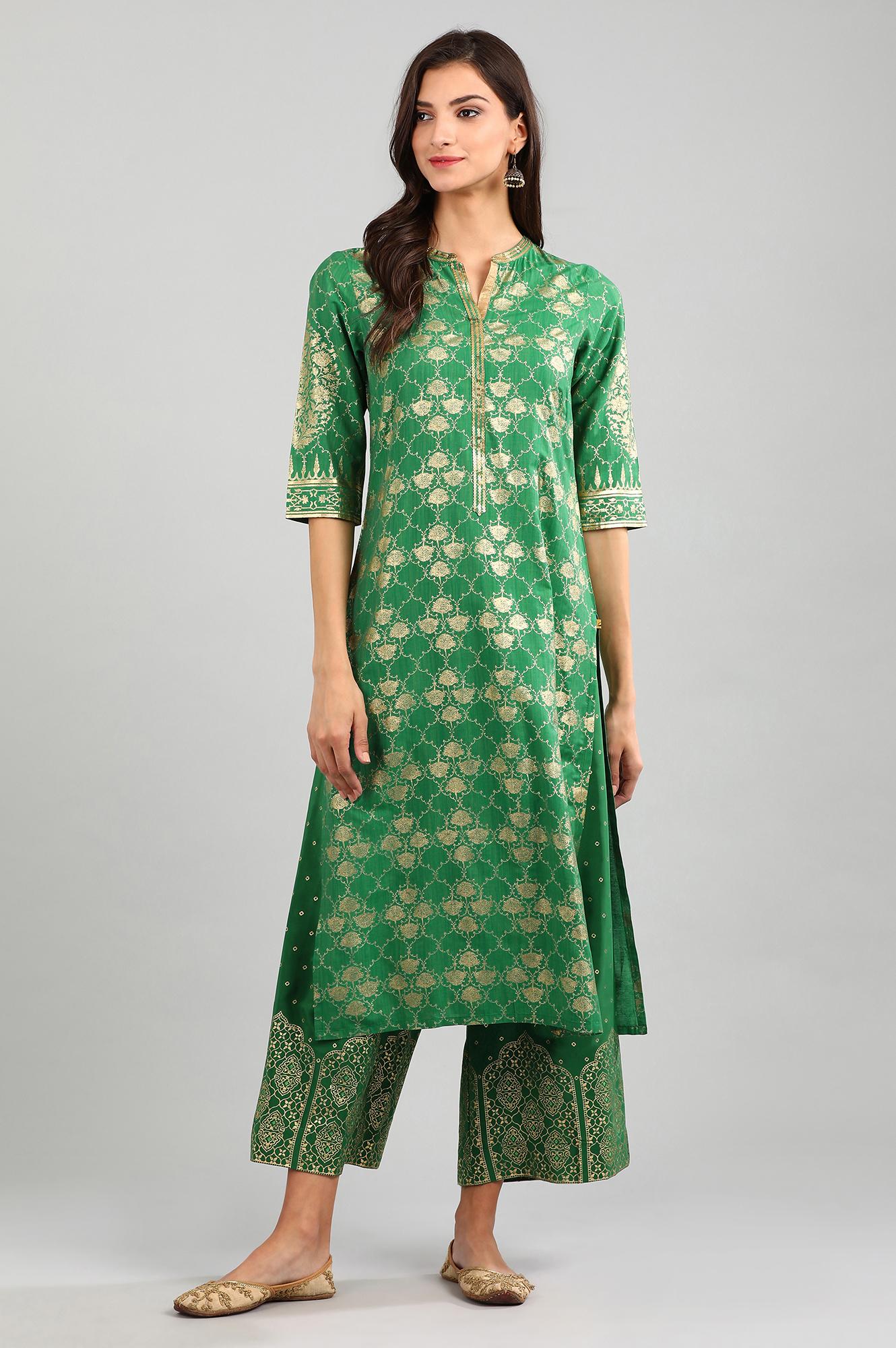 Green Band Collar Printed kurta