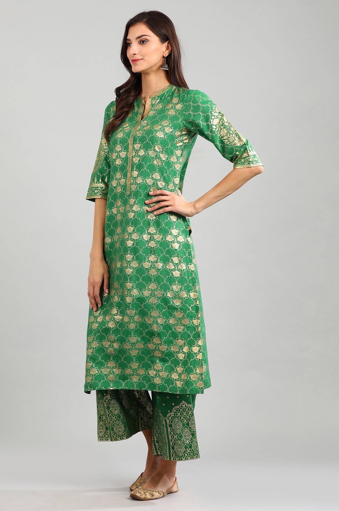 Green Band Collar Printed kurta