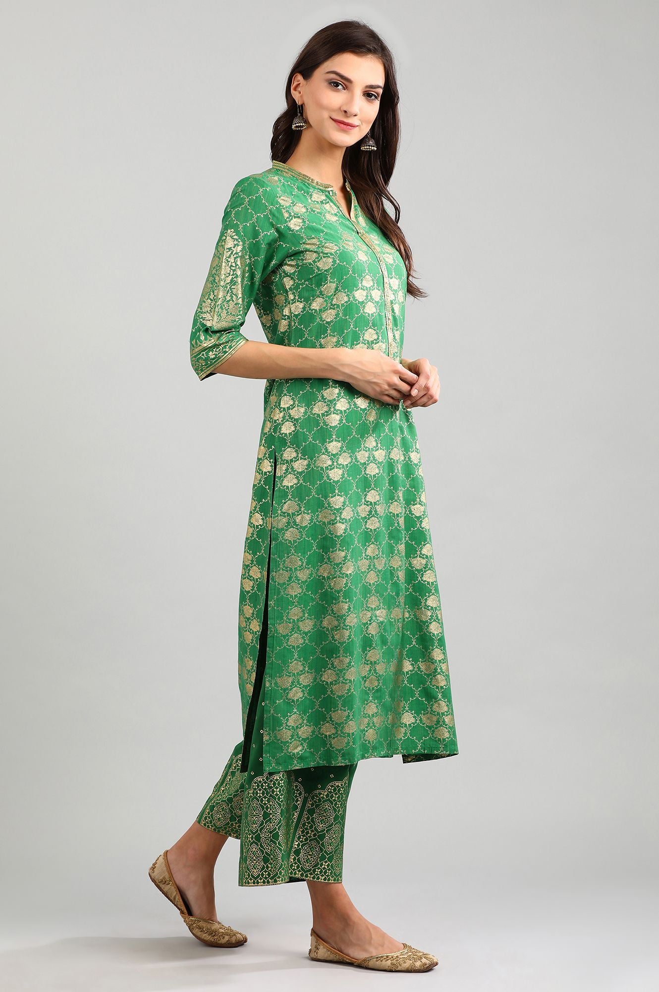 Green Band Collar Printed kurta