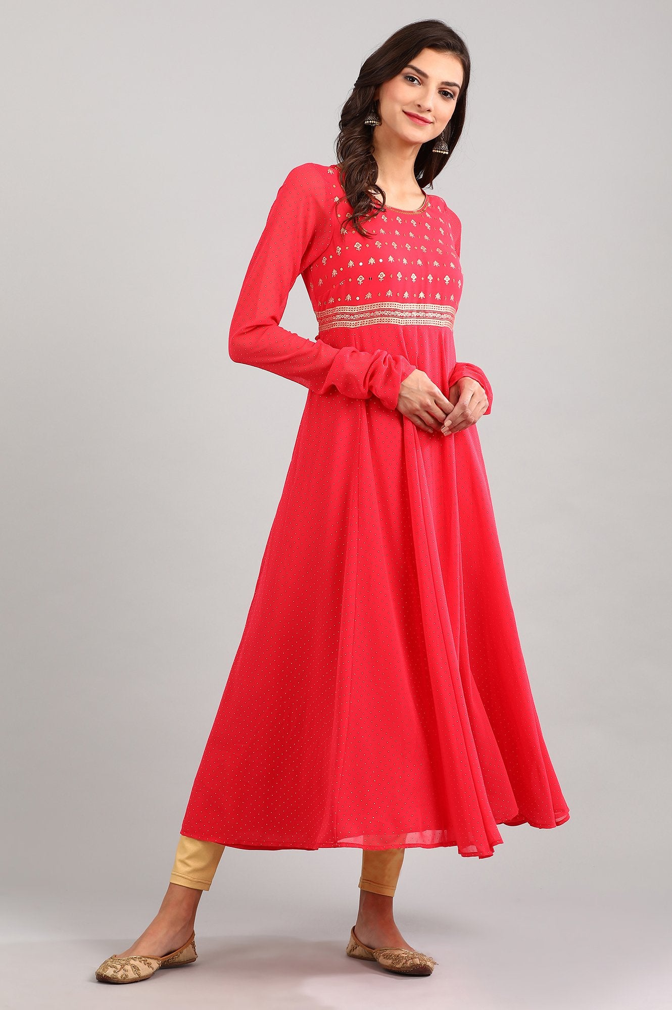 Pink Round Neck Flared kurta