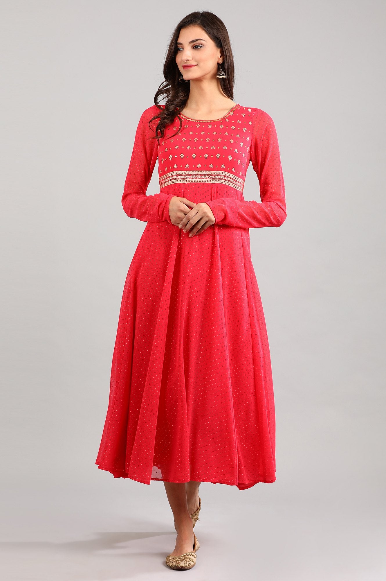 Pink Round Neck Flared kurta