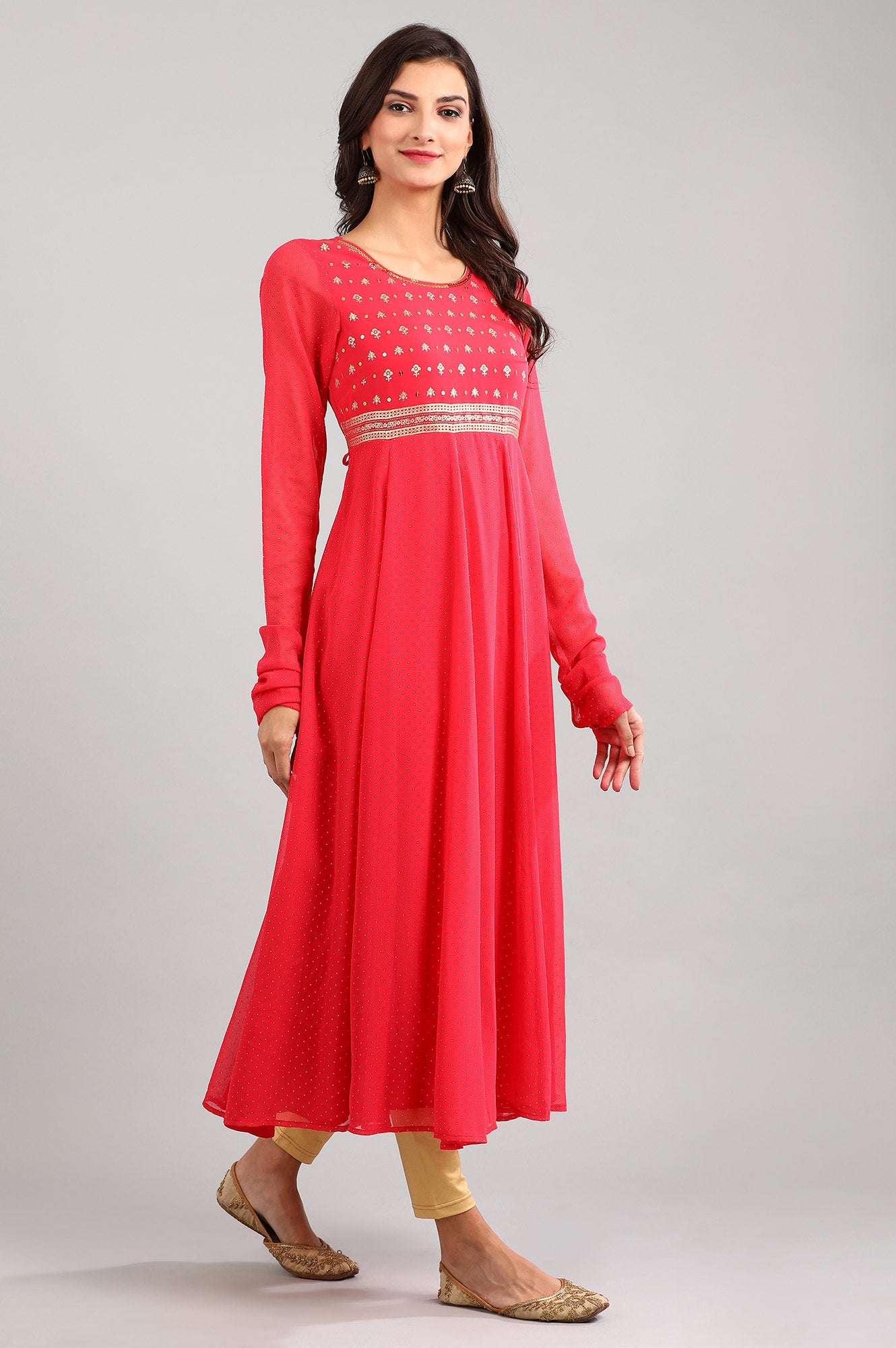 Pink Round Neck Flared kurta