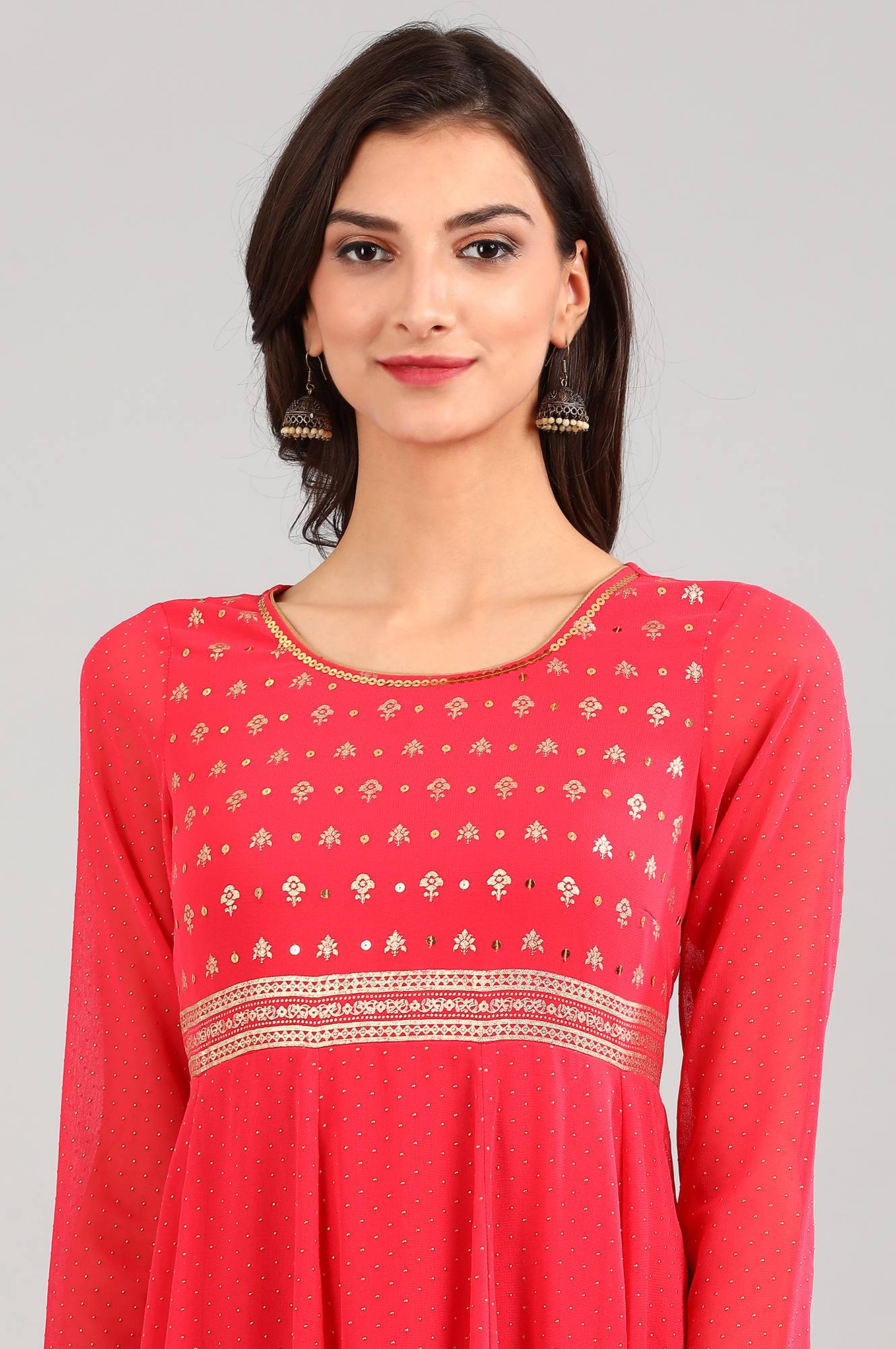 Pink Round Neck Flared kurta