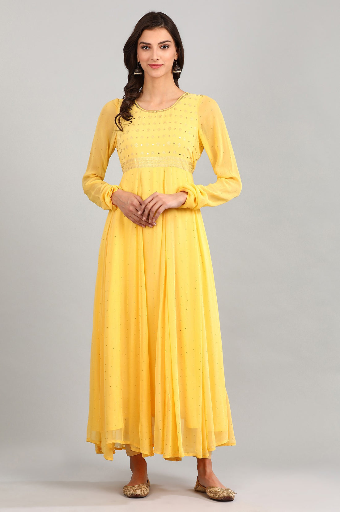 Yellow Round Neck Flared Dress