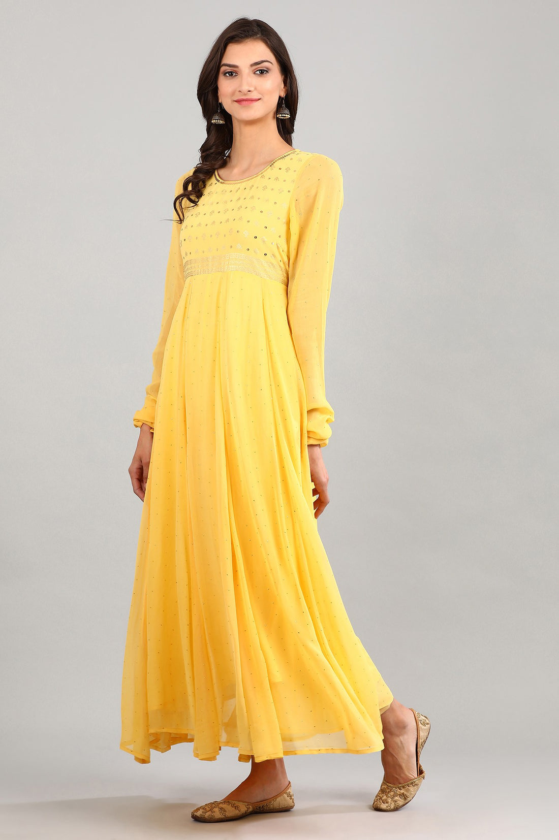 Yellow Round Neck Flared Dress