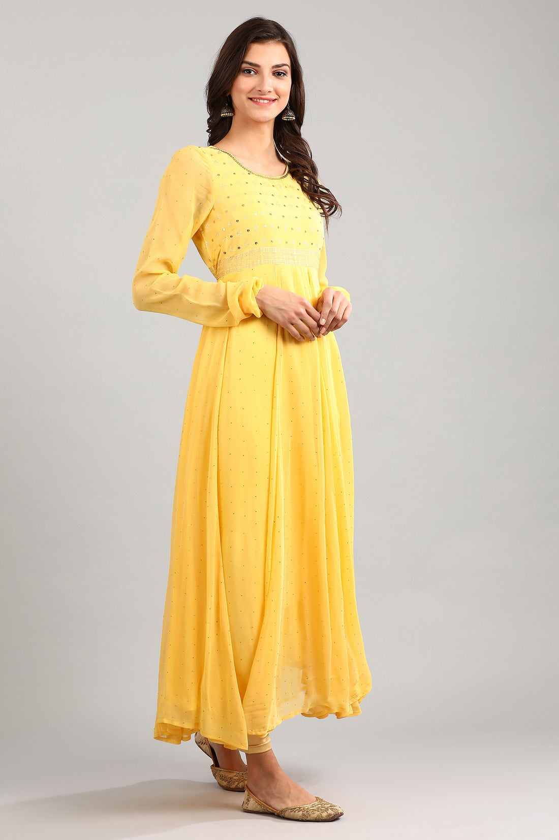 Yellow Round Neck Flared Dress